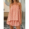 thumbnail image 3 of Women 2 Piece Lounge Set Plaid Summer Pajama Set Sleeveless Peplum Cami Top and Wide Leg Shorts Set Beachwear Vacation Outfits, 3 of 7