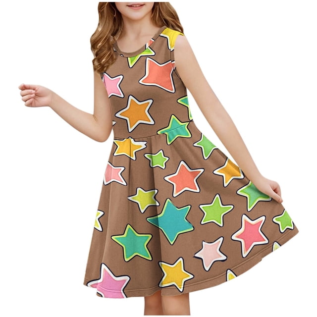 RXIRUCGD 2025 Summer Clothes for Kids Girls Sleeveless Stretchy Dress A Line Twirly Skater School Recital Dress Short Sleeve Round Neck Dress