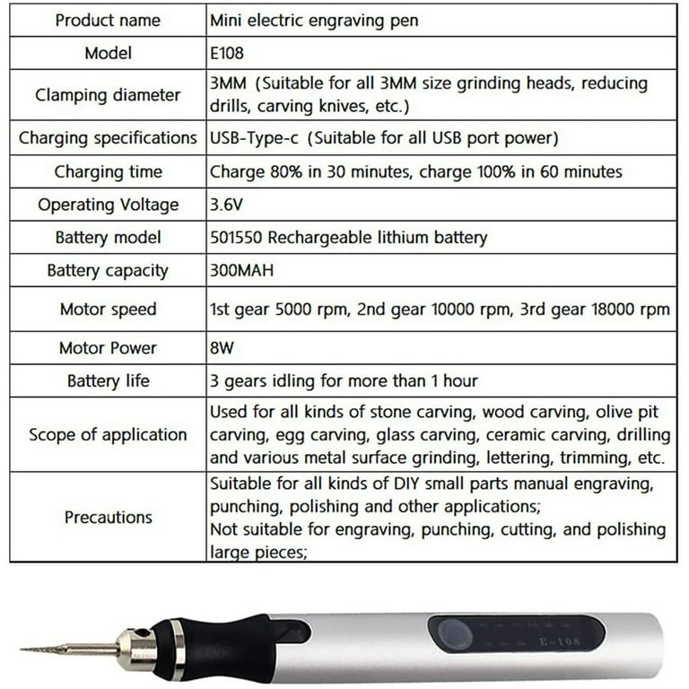 Electric Engraving Pen with 4 Bits, 3 Gear 5000rpm - 18000rpm USB  Rechargeable Cordless Engraving Pen, Portable DIY Engraver for Jewelry Wood  Glass