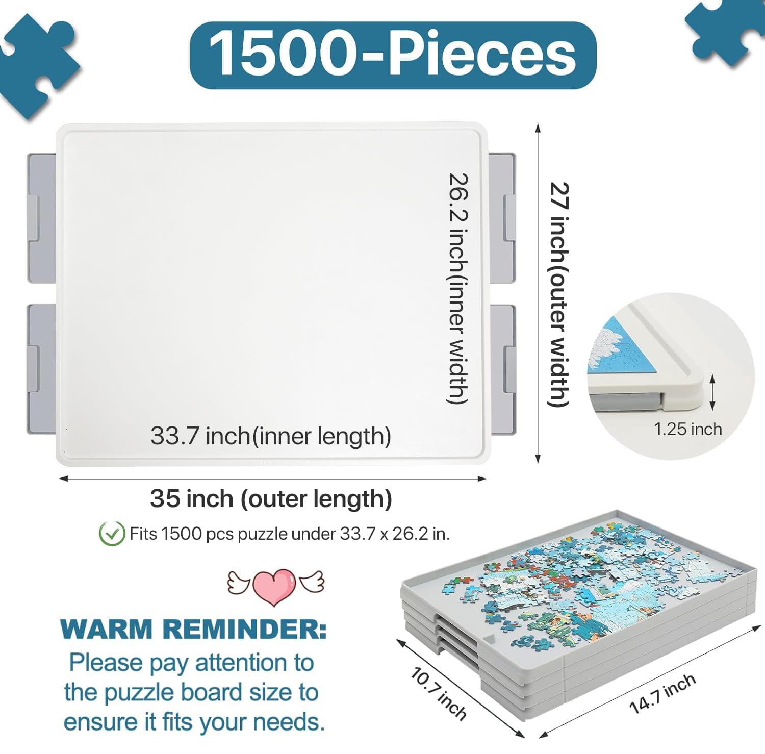 Playboda 1500-Piece Puzzle Board with 4 Drawers and Protective Mat, PVC + ABS Material, 35 x 27 Inches (88.9cm x 68.58cm), Upgraded Rotating Puzzle Board, Ideal Gift for Mom