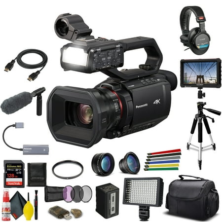 Image of Panasonic AG-CX10 4K Camcorder + Padded Case Sandisk Extreme Pro 128 GB Memory Card Tripod Lens Filters Sony Headphones Sony Mic External 4K Monitor Wire Straps LED Light And More