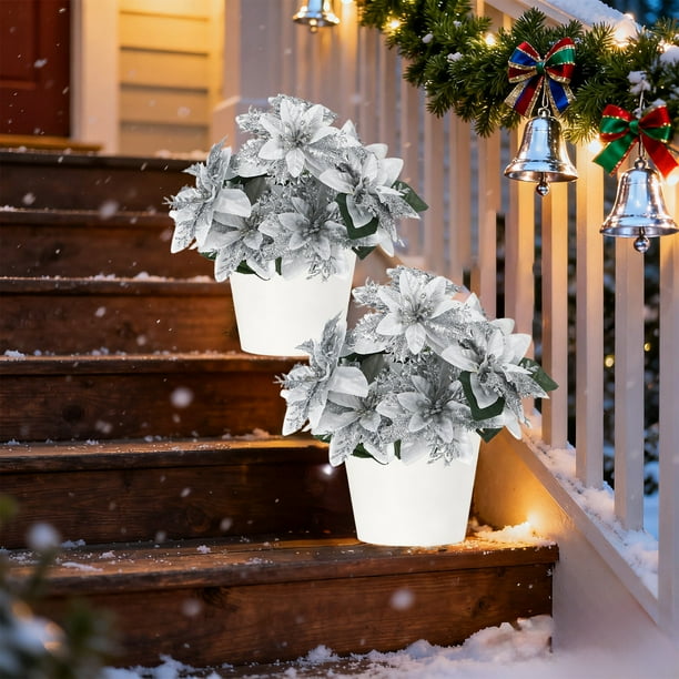 xihome Paquete de 2 flores artificiales de Nochebuena con purpurina de 7 cabezas para arreglos florales navideños, decoracin del hogar, centros de mesa para fiestas navideñas en interiores
