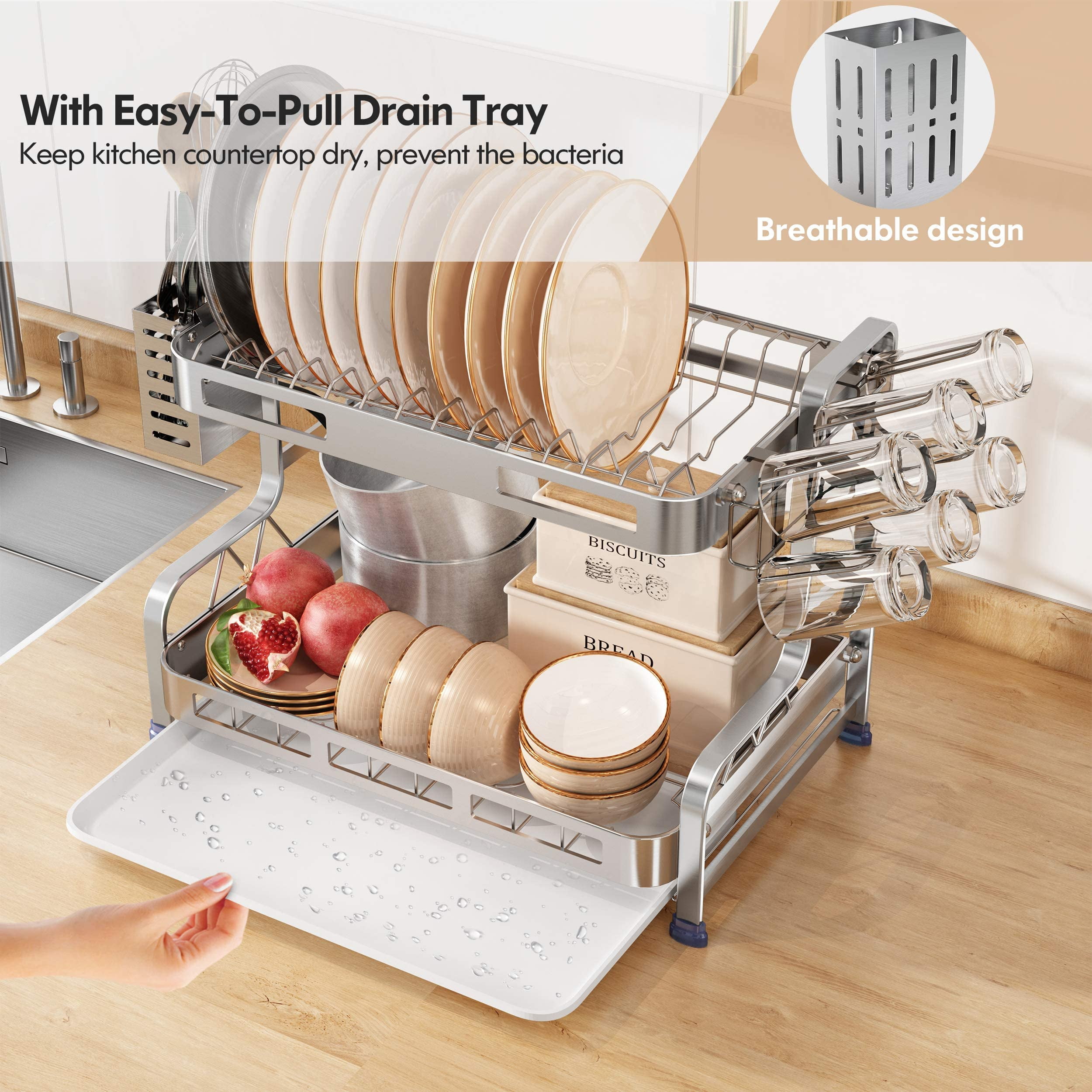 romision Dish Drying Rack for Kitchen Counter, Stainless Steel Large 2 Tier  Dish Racks and Drainboard Set, Black Dish Drainer with Utensil Holder