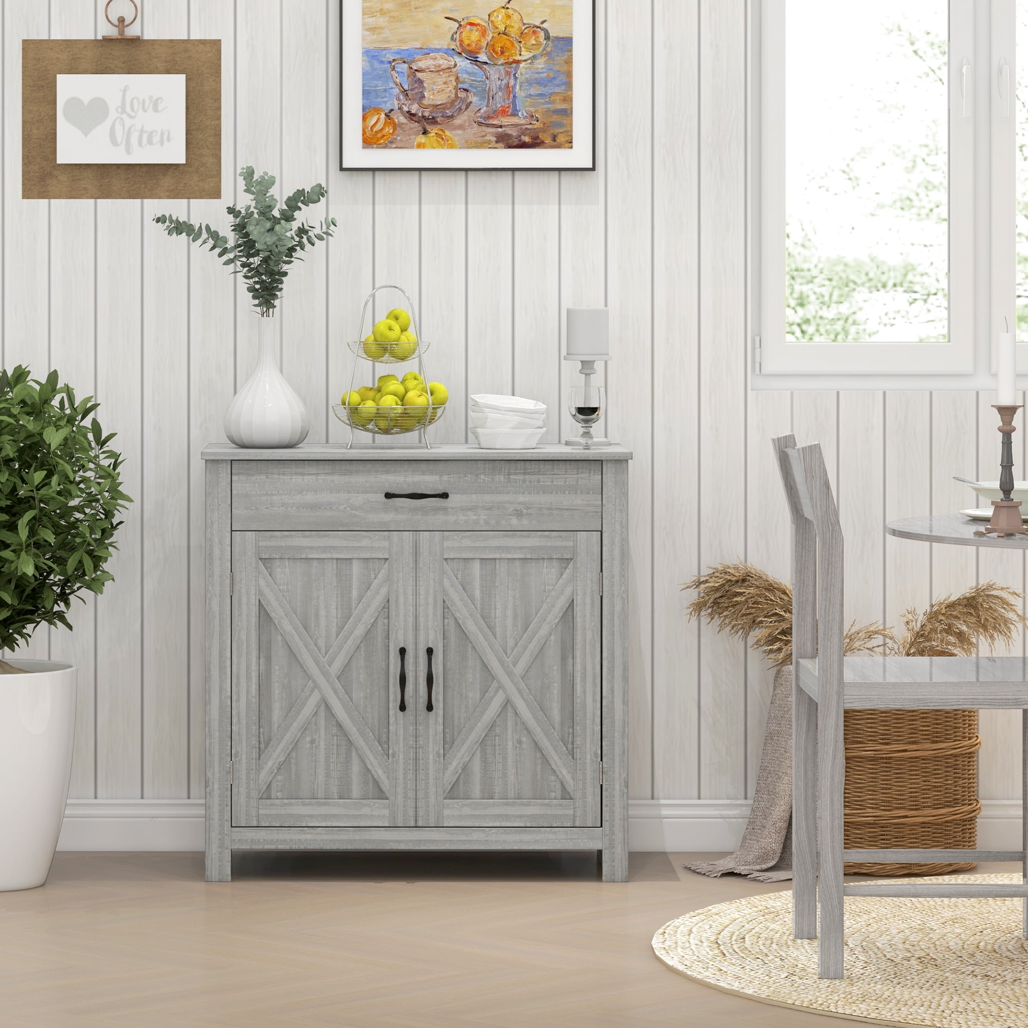 HOQBN Farmhouse Sideboard Cabinet with Barn Doors Kitchen Buffet Cabinet with Drawer and Adjustable Shelf for Kitchen Dining Room, Stone Gray