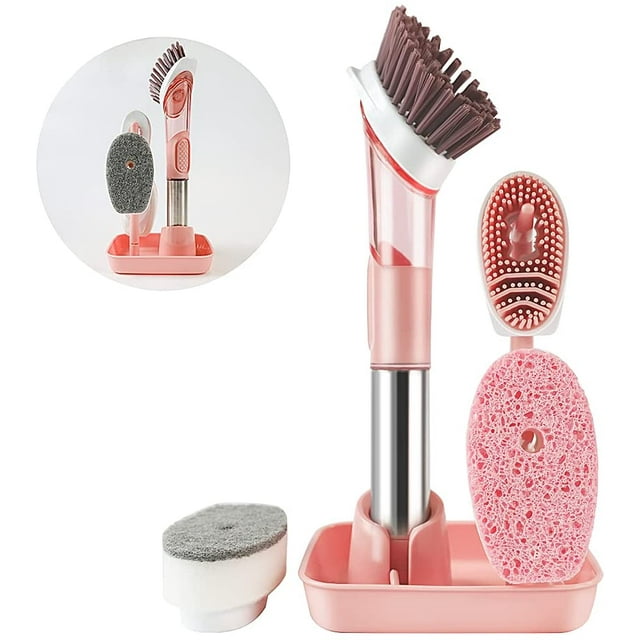 Ensemble de Brosses à Vaisselle avec Distributeur de Savon, Brosse à Vaisselle avec Support pour Cuisine, Têtes de Brosse de Rechange, Brosse à Récurer Réutilisable pour Contrôler le Savon