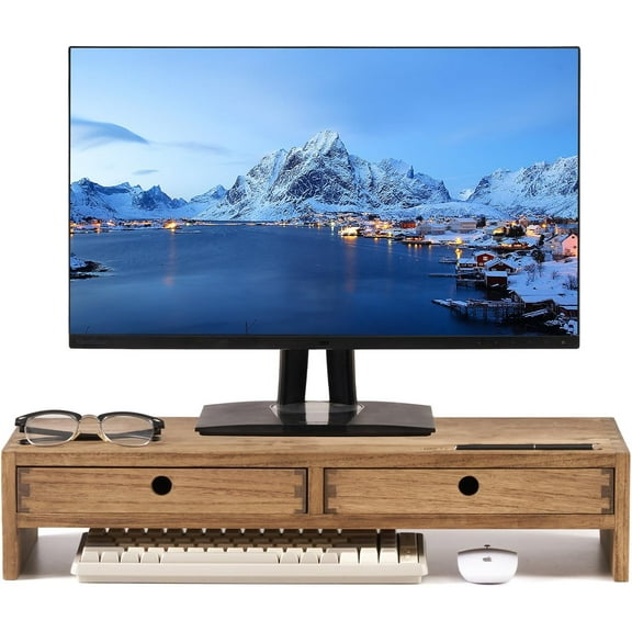 Wood Monitor Stand with 2 Drawers - Computer Arm Riser Desk Storage Organizer,Speaker TV Laptop Printer Stand with Pen Slot and Cable Management