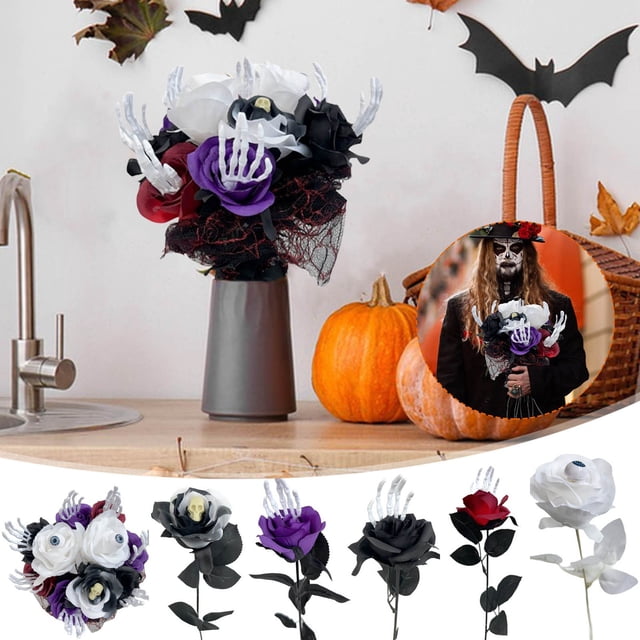 Xihbxyly Ramo de Halloween con Diseño de Mano y Ojos de Esqueleto, Decoración Terrorífica, Rosas Realistas y Detalles de Calavera, Versátil para Fiestas y Eventos, Tamaño 40 X 8 X 7 Cm.