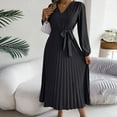 thumbnail image 6 of Diufon Womens Long Sleeve Dresses Fall V Neck Button Maxi Dress Lace-Up Waisted A-Line Pleated Dress, 6 of 7