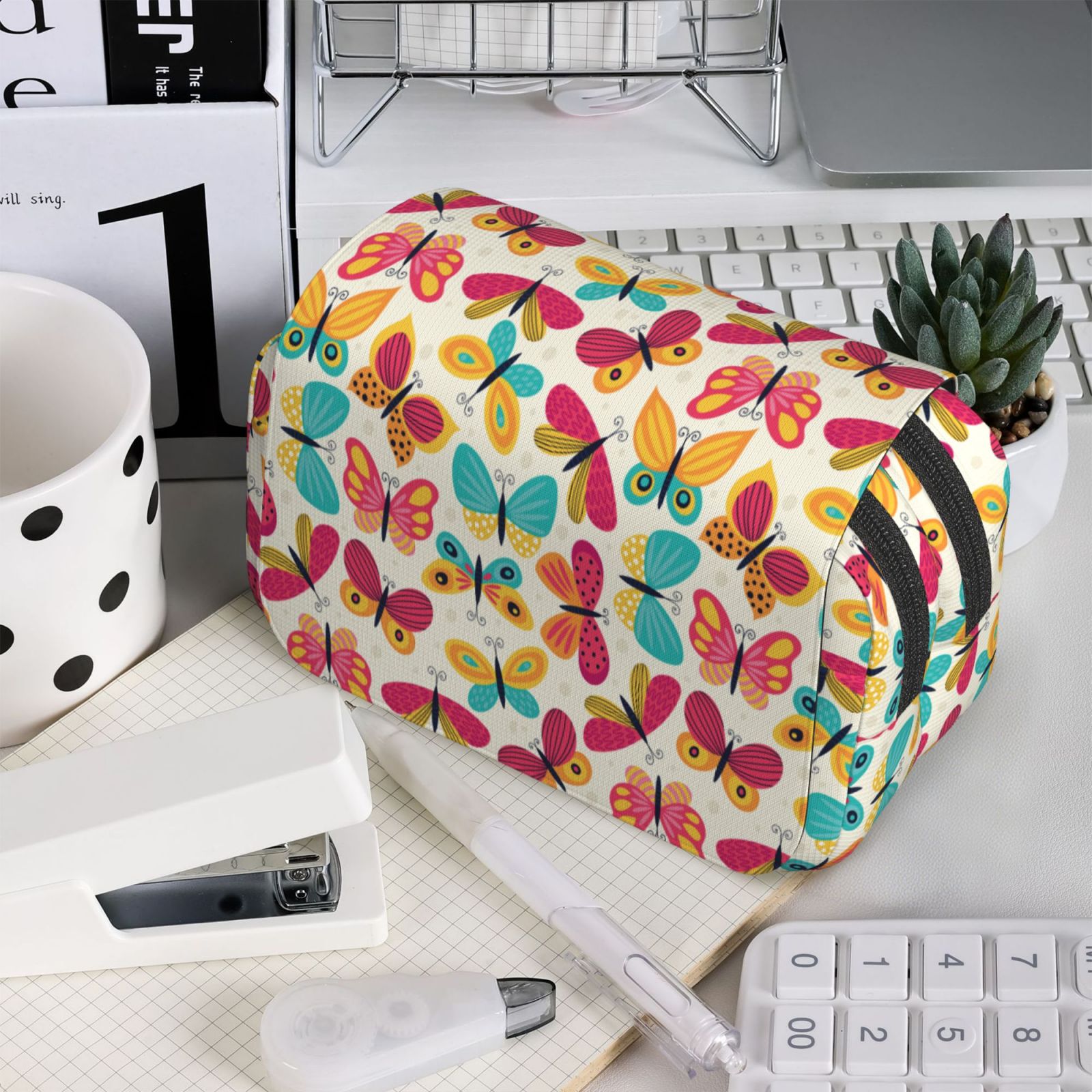 Rateoe Colorful Butterflies Pattern Double Clamshell Pen Case, Storage Organizer with Two Zipper Compartments– Holds Up to 50 Pencils & Pens
