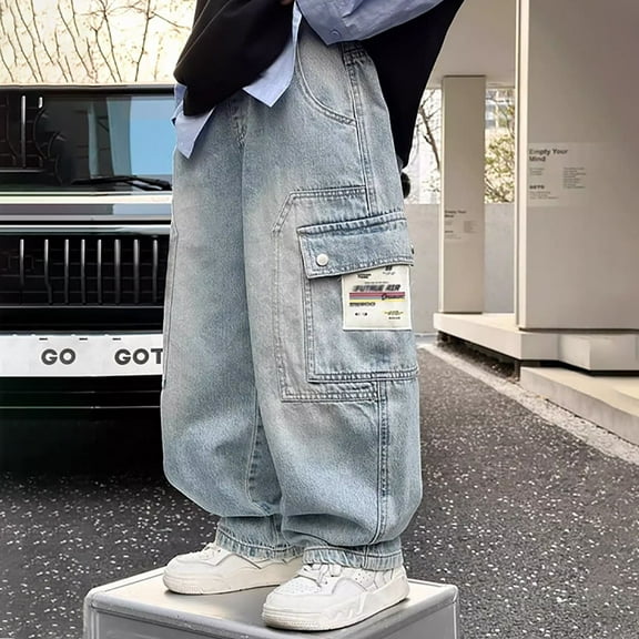 Kids Boys Denim Pants Cargo Joggers Straight Waist Casual with Pocket Loose Fit Casual Infant Clothes 9-10 Years