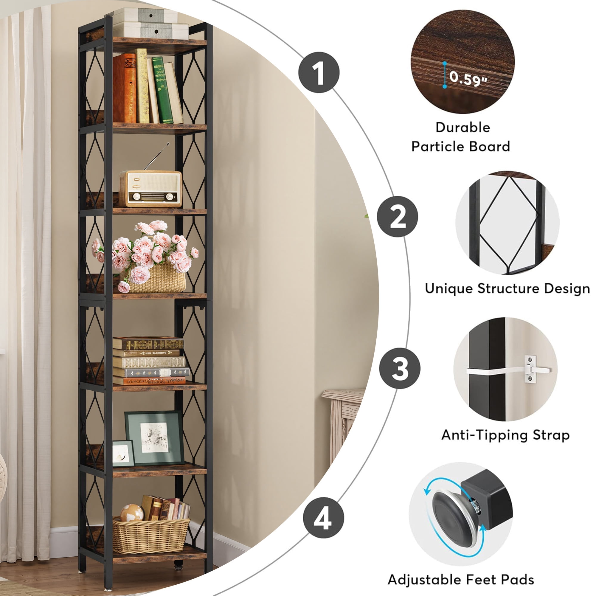 MAYEERTY 78.7" Tall Narrow 7-Tier Corner Shelf, Diamond Pattern Anti-Fall Corner Display Rack for Tight Small Spaces