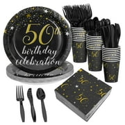 144 Pieces 50th Birthday Party Supplies with Paper Plates, Napkins, Cups, Cutlery (Black, Gold, Serves 24)