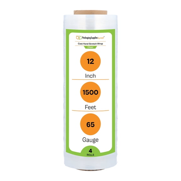 PSBM Cast Hand Stretch Wrap 12" x 1500' 4 Rolls 60 Gauge Clear Plastic Shrink Film for Packing Moving Packaging and Wrapping