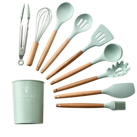 

FeiraDeVaidade 11Pcs Silicone Utensils Set Non-Stick Spatula Shovel Wooden Handle Cookware Set With Storage Box Kitchen Tools
