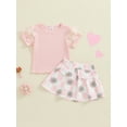 thumbnail image 3 of Suealasg Toddler Baby Girl Clothes Set Mesh Short Sleeve Round Neck Ribbed Tops + Floral Checkerboard Print Skirt Set 1T 2T 3T 4T 5T 6T Little Girls Summer 2Pcs Outfits, 3 of 7