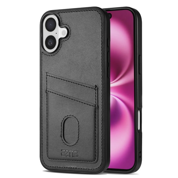 Compatible with iPhone 16 Thin and Light Case, Classic PU Leather Credit Card Slot Holder Wallet Shockproof Protective Anti-drop Cover Business Phone Case for iPhone 16, Black