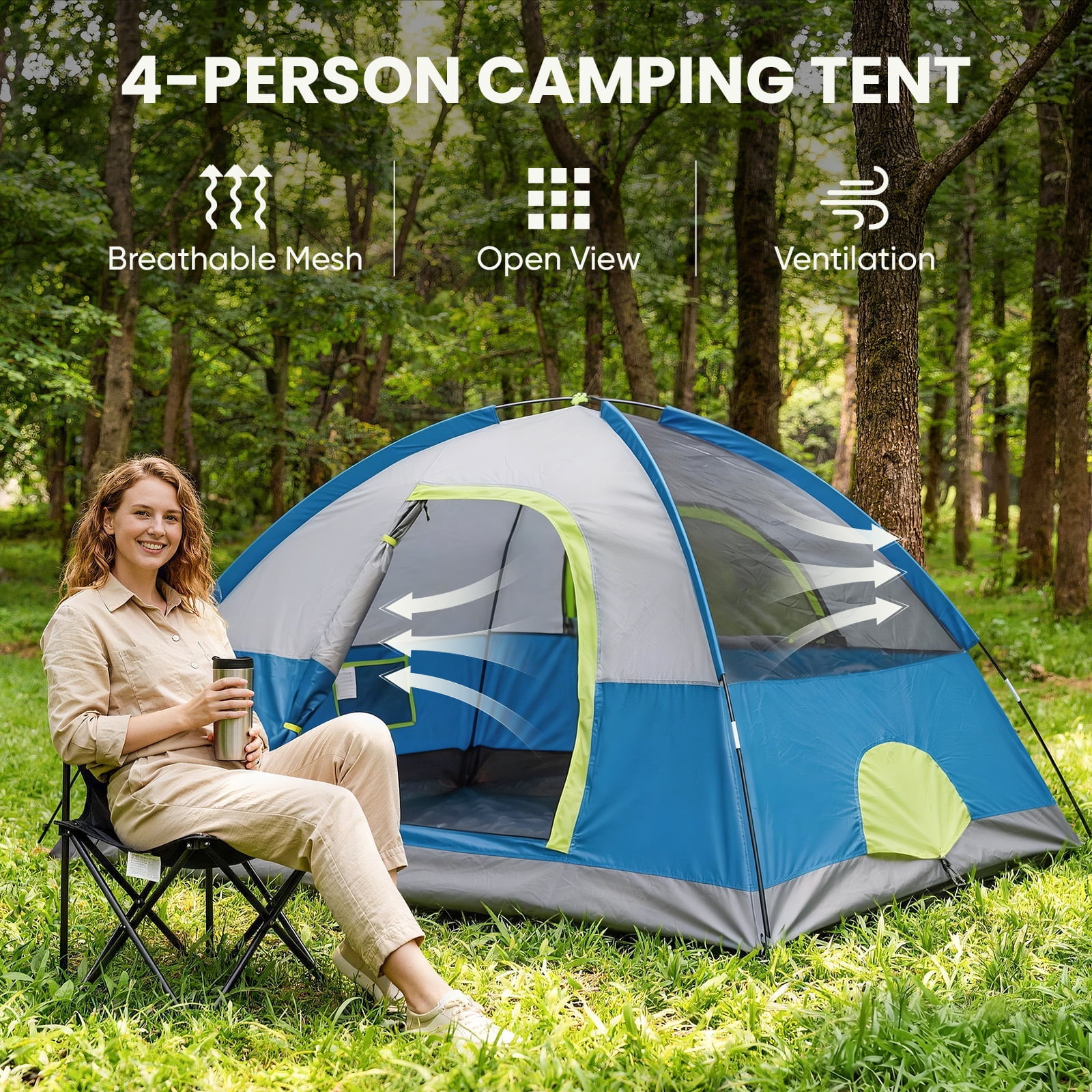 SHOUFTW 4 Person Waterproof Camping Tent with Rainfly, Easy Setup Dome Tent with Mesh Windows & Skylight Vent, Lightweight Portable Tent for Outdoor Camping, Hiking, Festivals & Backyard, Navy Blue