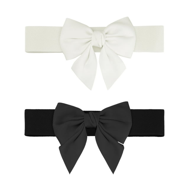 Cinturón elástico ancho de 2 piezas para mujer Elerevyo con decoración de lazo, cinturones versátiles de moda 27.6x2.3" Negro+Blanco Lechoso