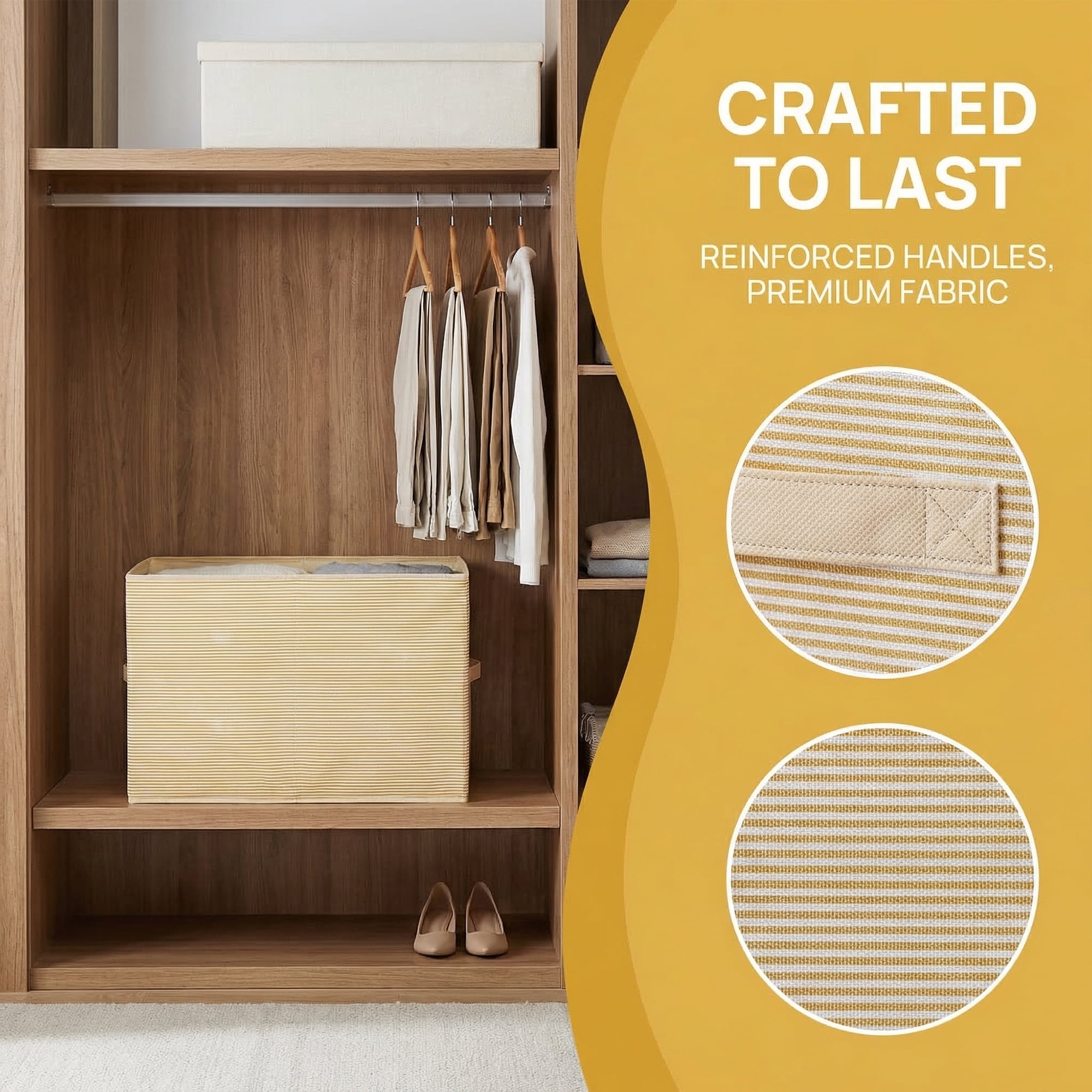 Unique Bargains 3pcs Fabric Storage Bin with Stripe Beige 19.7*13.8*12.6in