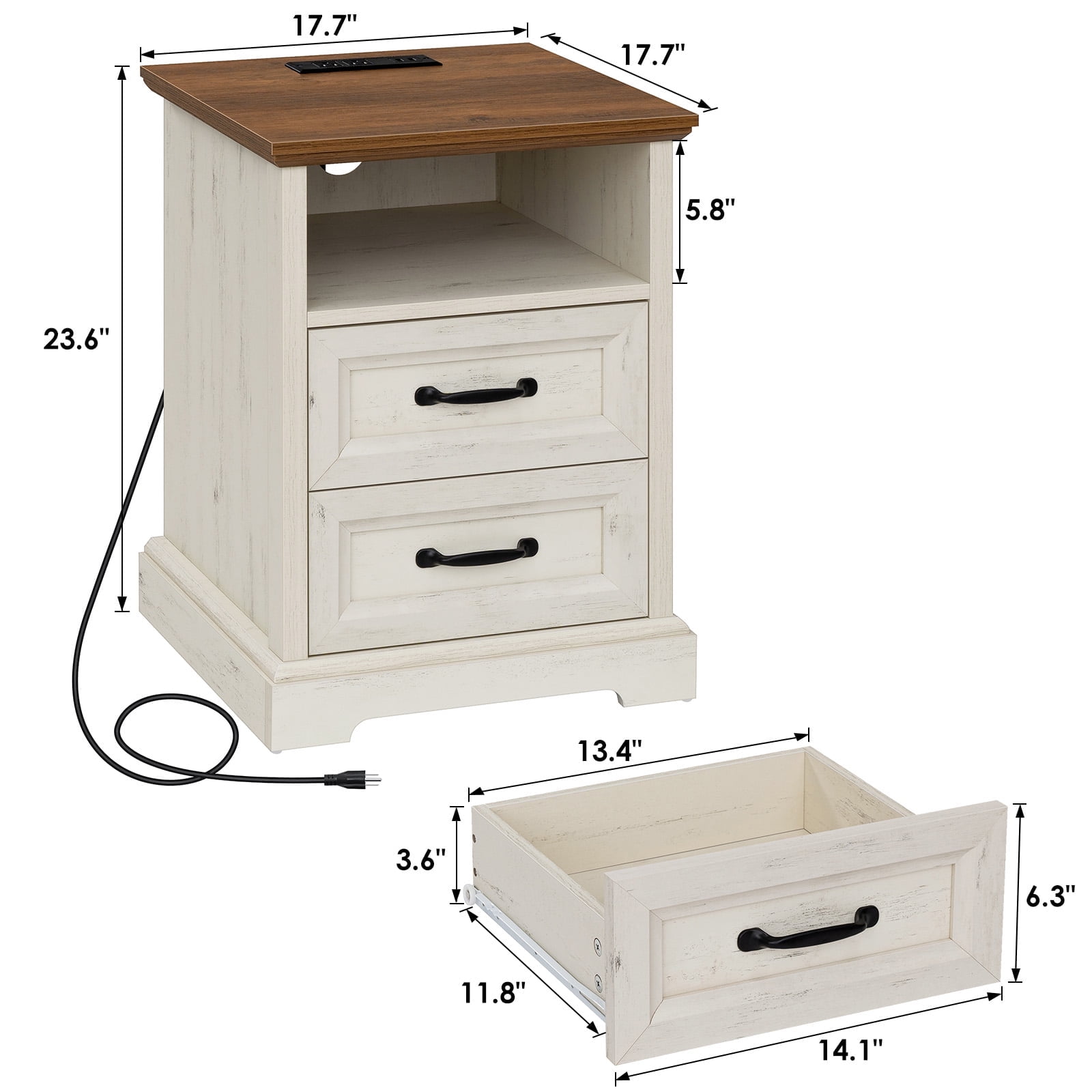 Hommpa 2 Drawers Farmhouse Nightstand with Charging Station, Rustic Bedside Tbale with Drawers for Bedroom, Vintage End Table with Open Shelf for Living Room, Side Table, White