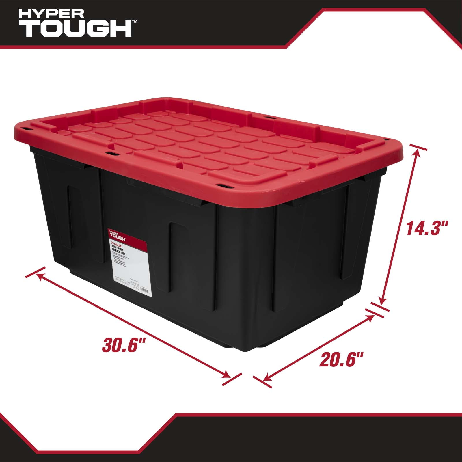 (6 pack) Hyper Tough 27 Gallon Large Storage Bin with Snap Lid, Black and Red, Heavy Duty Plastic Storage Container
