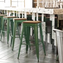 BizChair Commercial Grade 30" High Backless Green Metal Indoor-Outdoor Barstool with Teak Poly Resin Wood Seat