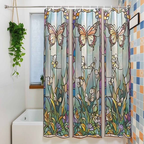 Vintage Butterfly Watercolor Floral Shower Curtain for Bathroom, Vintage Stained Glass Waterproof Shower Curtains Washable Quick Dry with Hooks Bathtub Curtains 36x72IN