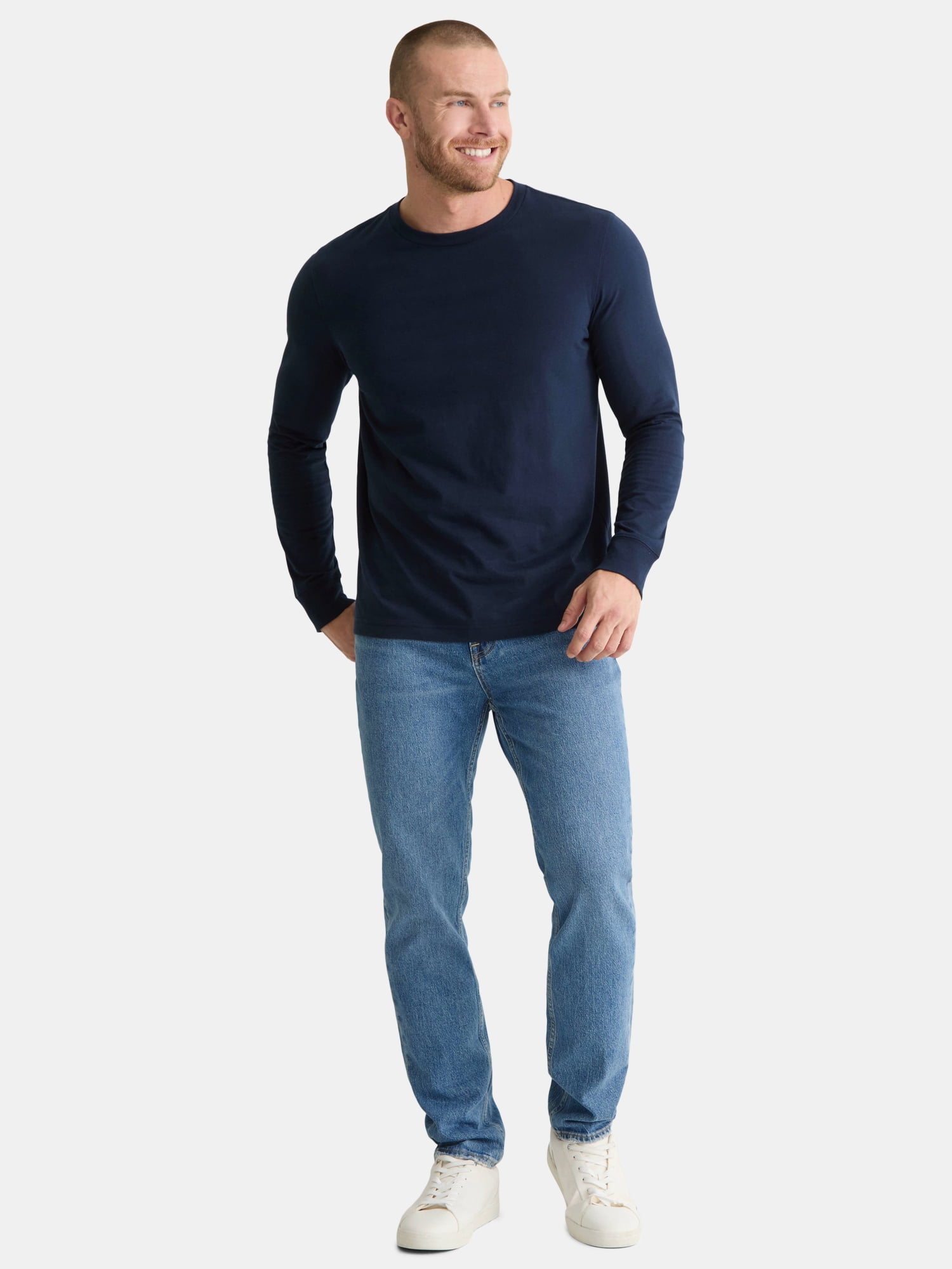 George Men's & Big Men's Relaxed Fit Cotton Crewneck T-Shirt with Long Sleeves, Size XS-3XL
