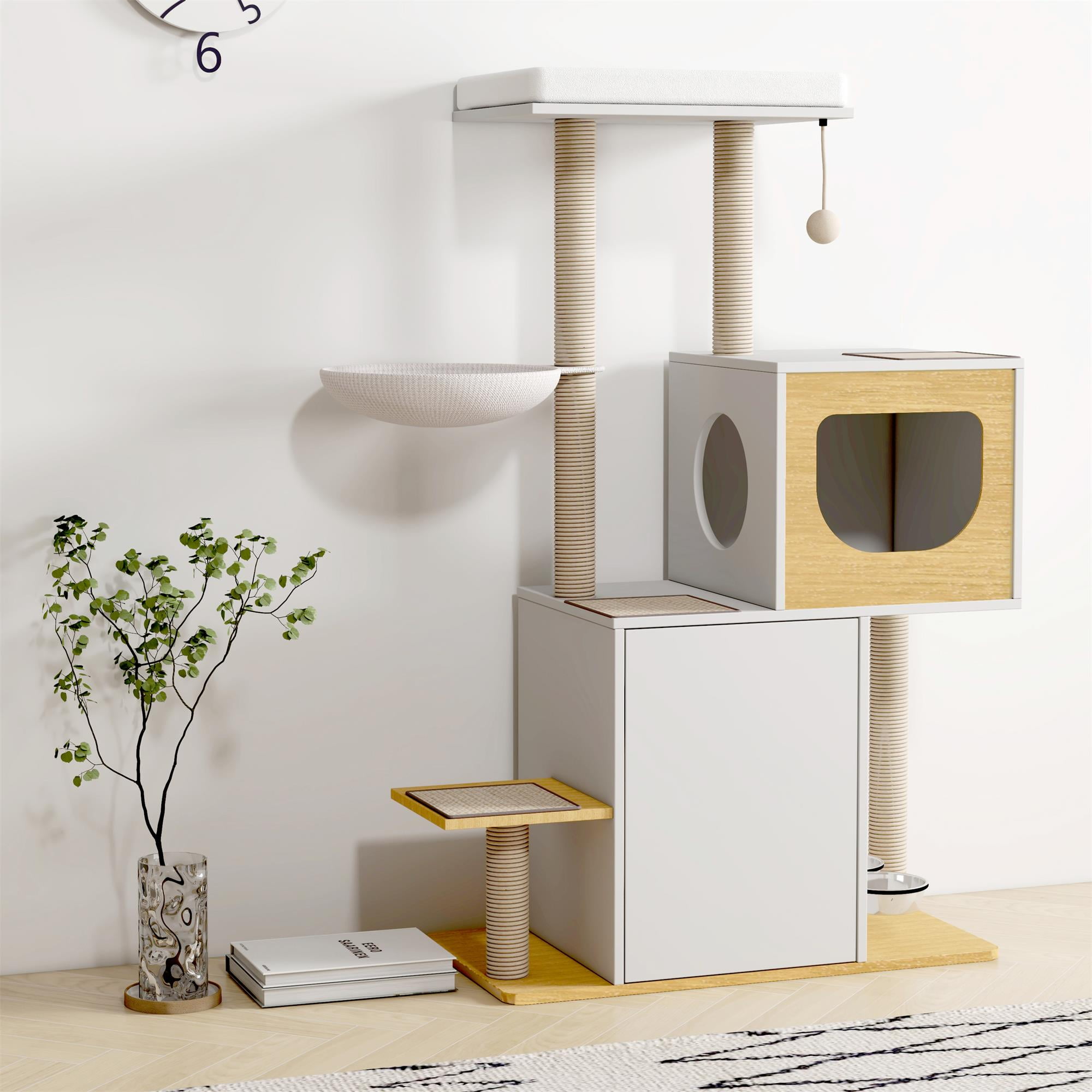 Pefilos 50" Wood Cat Tree Tower Multi-Level Cat Condo with Sisal Scratching Post for Indoor Kitten Activity Centre Furniture, White Pefilos 50" Wood Cat Tree Tower Multi-Level Cat Condo with Sisal Scratching Post for Indoor Kitten Activity Centre Furniture, White