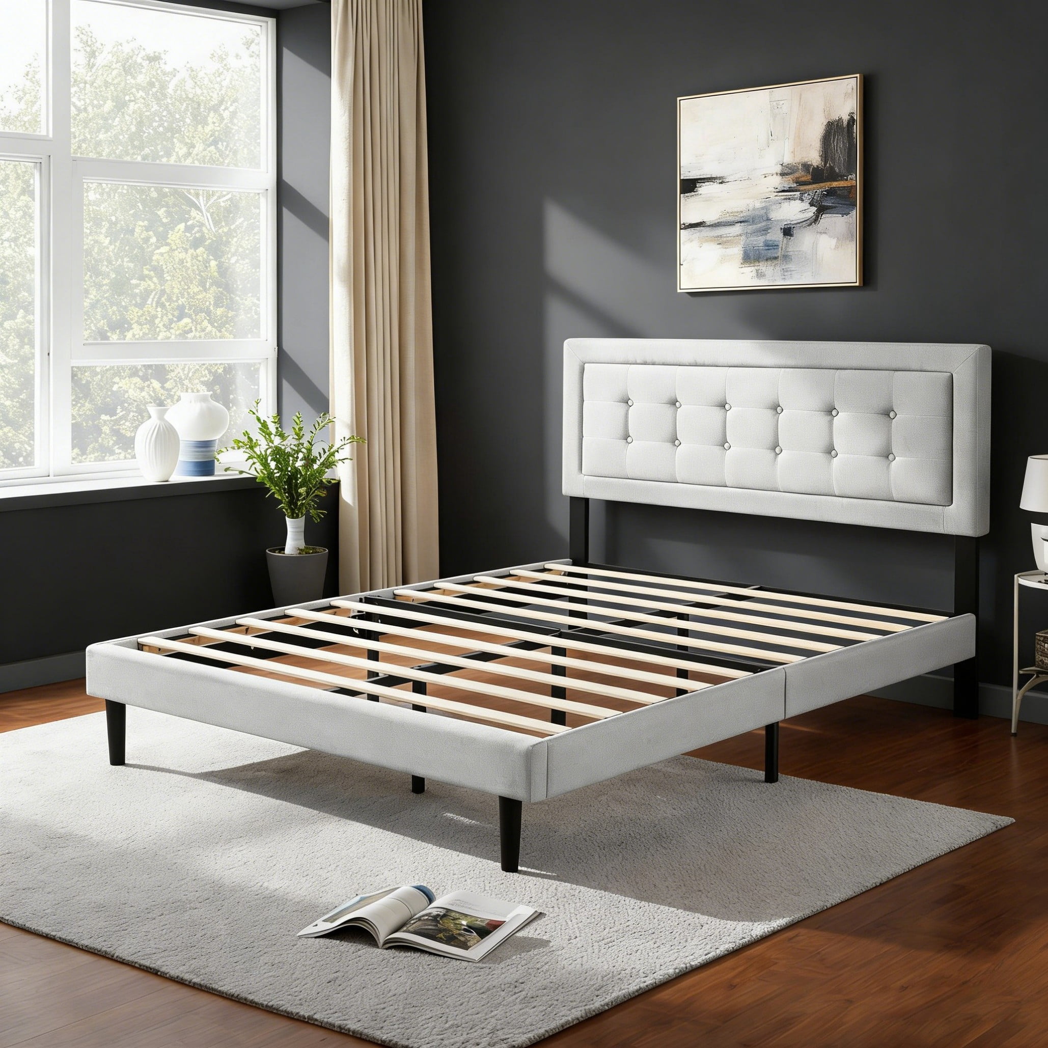 BSHTI Queen Size Platform Bed Frame with Square Tufted Upholstered Headboard – Solid Wood Frame, 12 Wood Slats, Center Support Leg, Under-Bed Clearance, No Box Spring Needed