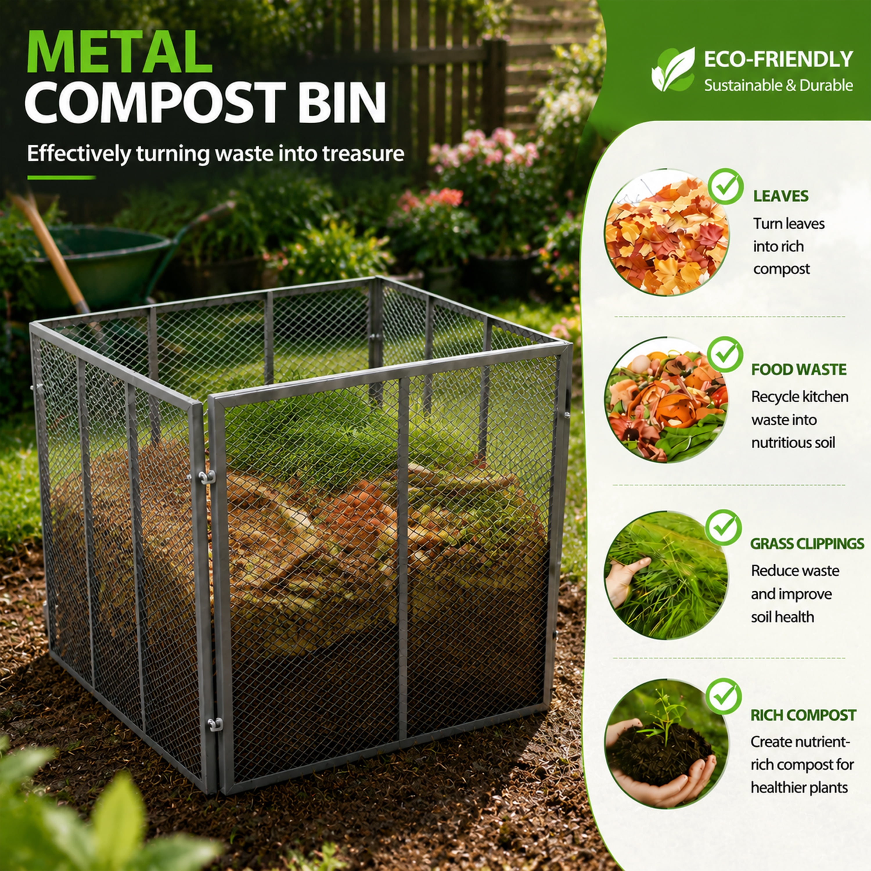172 Gallon Large Square Metal Wire Mesh Compost Bin, Rust‑Proof Powder‑Coated Outdoor Composter, Easy Tool‑Free Assembly for Yard Leaves Grass Clippings Kitchen Scraps