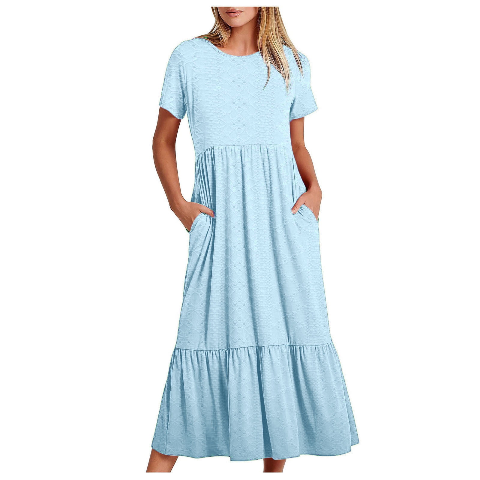 Sentmoon Long Dress Regular Fit Trendy Summer 2026 Solid Color Boho Dresses for Women Short Sleeve Crew Neck Casual Breathable Maxi Dresses for Business and Casual Blue XXL