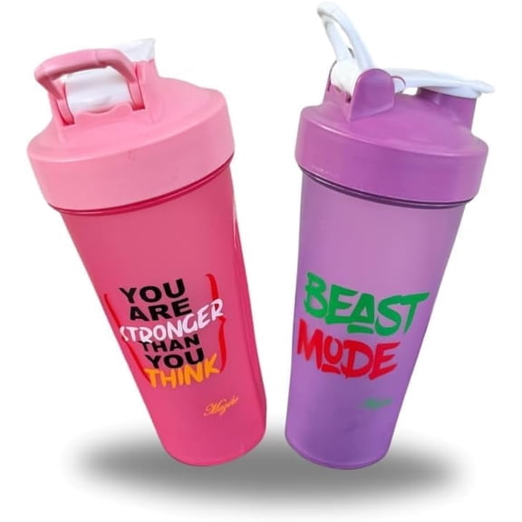Magiko Motivational Protein Shaker, 2-Pack 28oz Nutrition Water Bottle, Pink/Purple