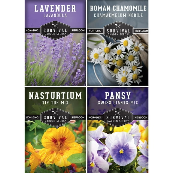 4 pack Edible Flowers Seed - Lavender, Roman Chamomile, Nasturtium, Pansy - Full Sun Heirloom Annuals