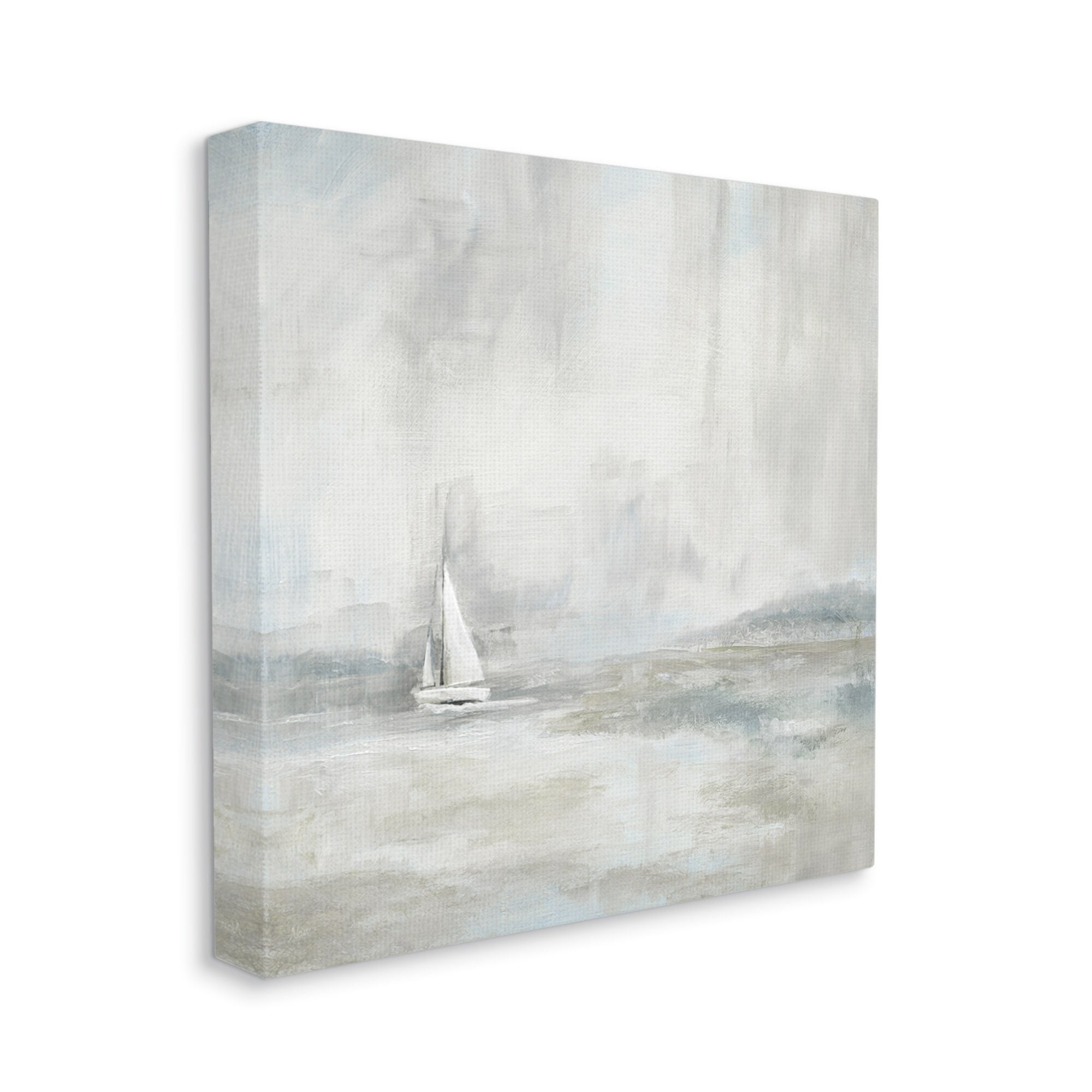Abstract Sailboat Drifting Ocean Waves Beige Neutrals Coastal Painting Gallery-Wrapped Canvas Print Wall Art