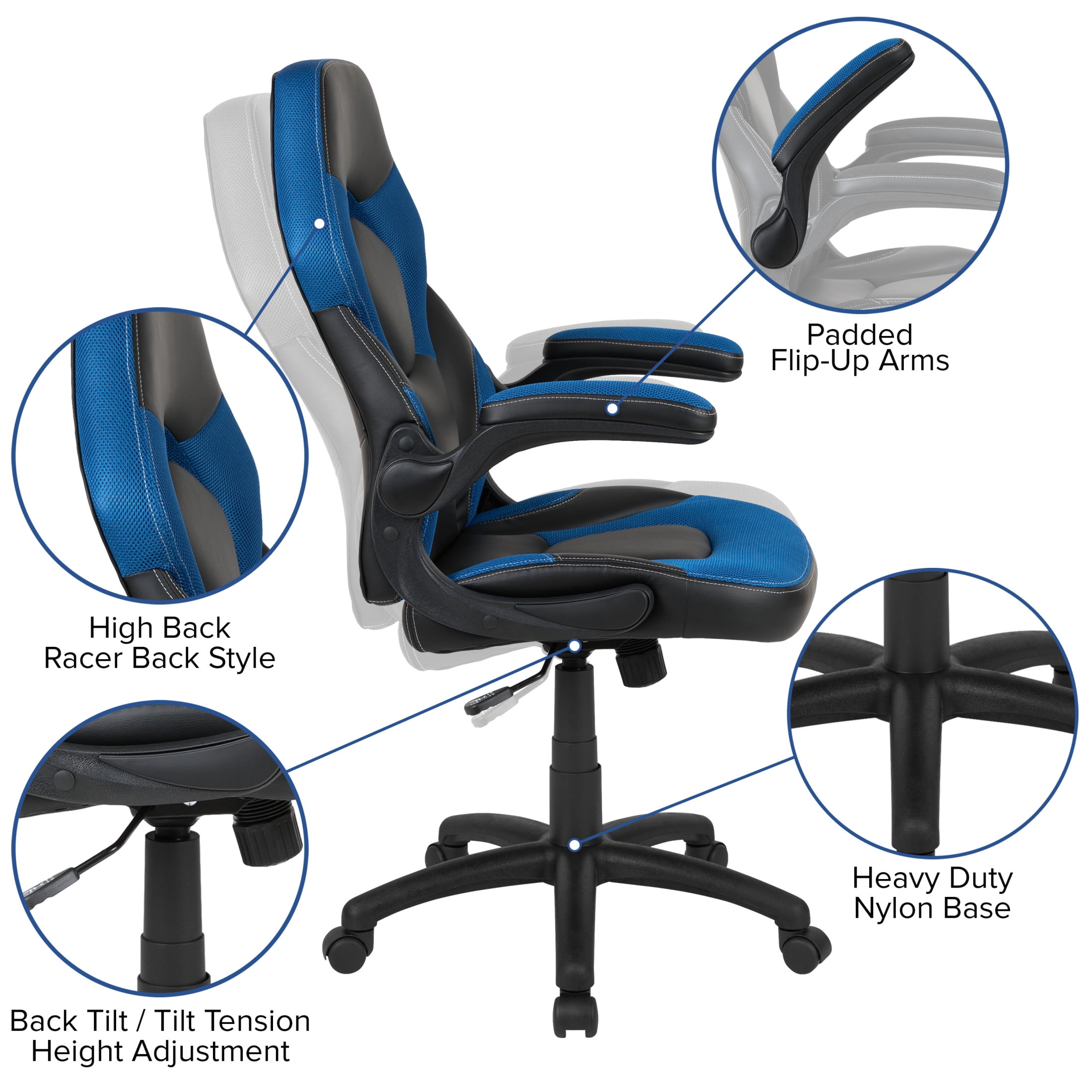 Emma + Oliver Gaming Racing PC Chair with Flip-up Arms, Blue/Black LeatherSoft