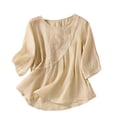 thumbnail image 1 of Timegard Hauts en Coton et Lin pour Femmes Manches 3/4 Col Rond Broderie Froncée Blouse Décontractée Ample, 1 of 7