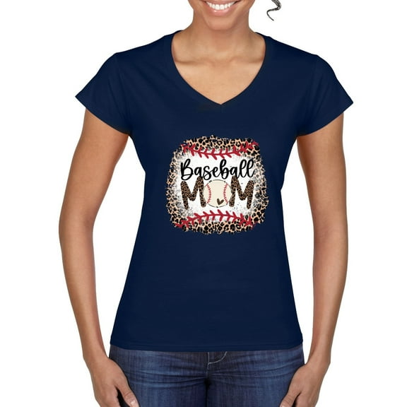 Baseball Mom Jaguar Print Sports Womenâ€™s Standard V-Neck Tee, Navy, Medium