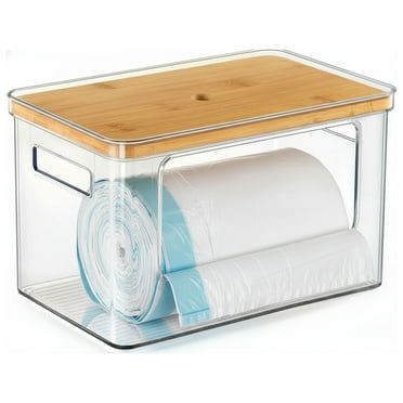 Bohorizon Trash Bag Holder with Wooden Top, Trash Bag Storage with Anti-Slip Base, Garbage Bag Organizer Under Sink for Kitchen