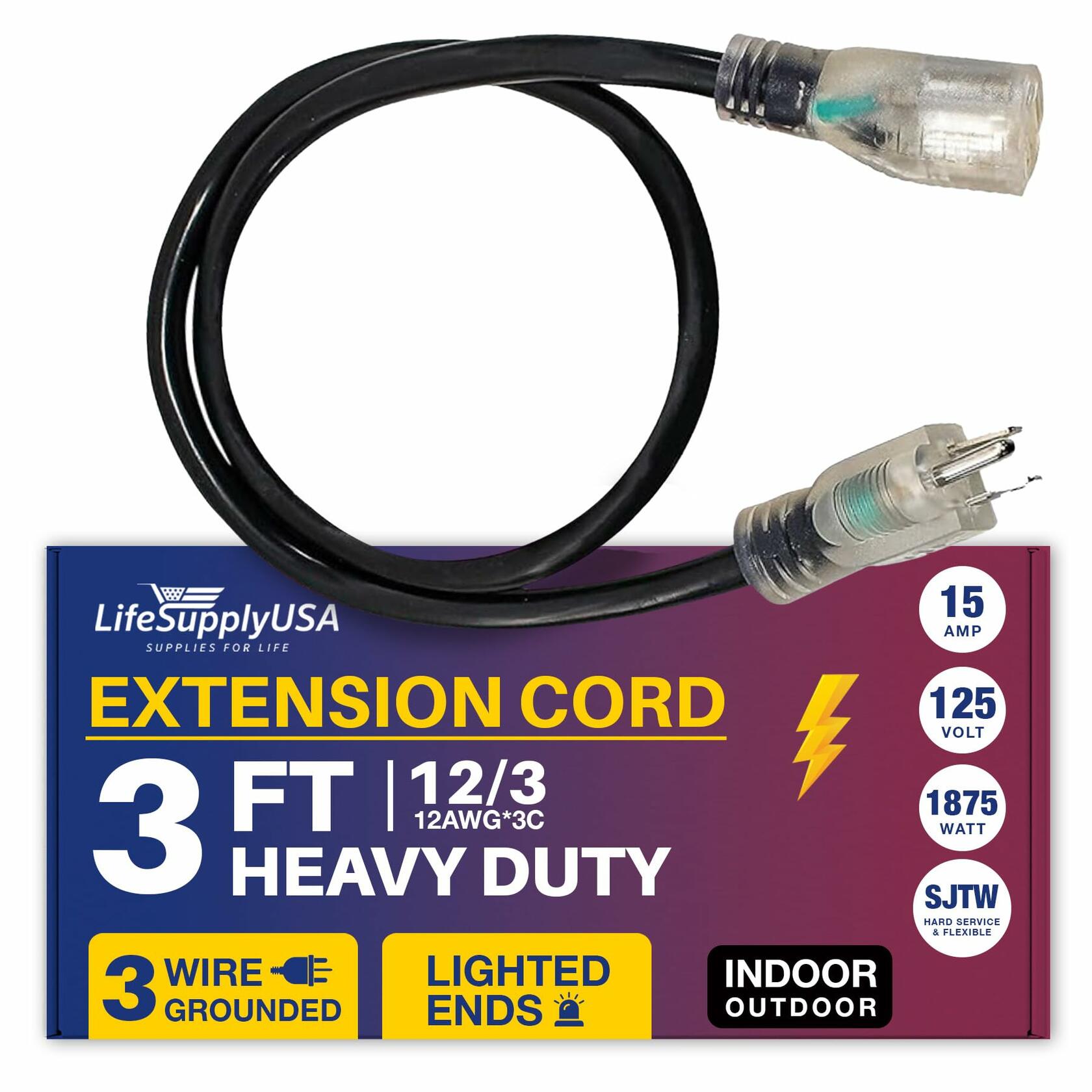 3ft Outdoor/Indoor Extension Cord 12/3 Gauge Extra Heavy Duty 3 Prong SJTW, Waterproof, Flexible Cold-Resistant Long Power Cord,125 Amp 1875W, Black by LifeSupplyUSA