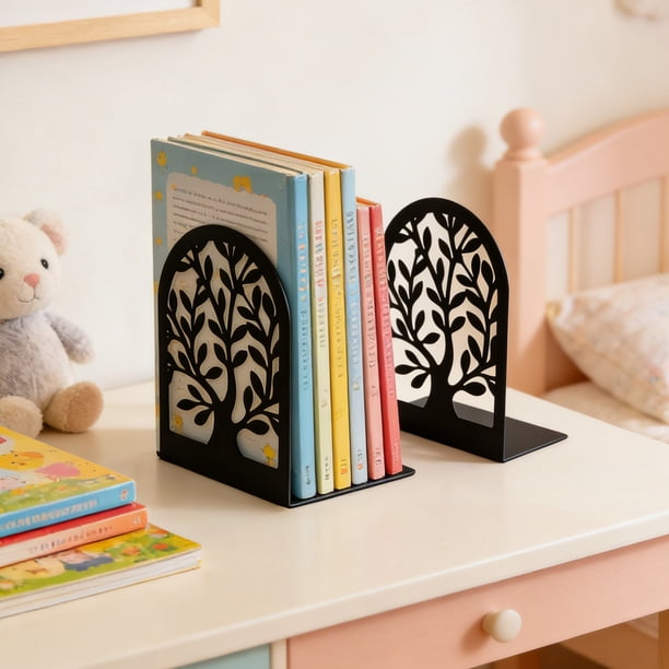 Soportes de metal para libros en estantes, tope decorativo en forma de árbol para libros pesados, negro, paquete de 2