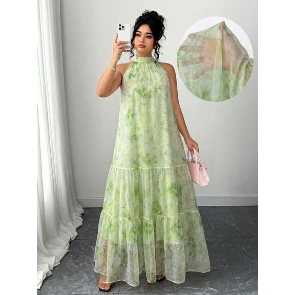 Elegant Sleeveless Green Chiffon Halter Maxi Dress With Tiered Ruffles And Floral Print