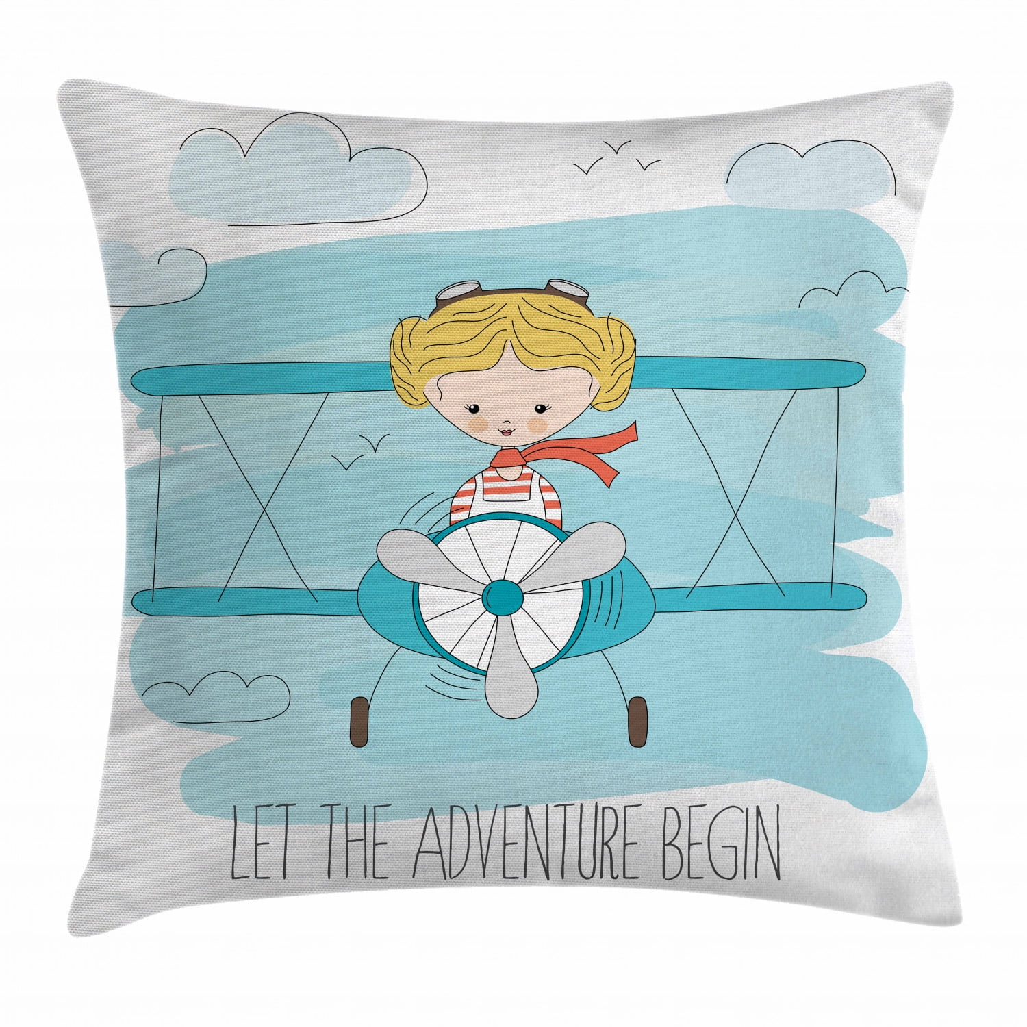 Adventure Throw Pillow Cushion Cover, Cute Girl Flying a Plane on Sky Cartoon Child Dream Imagination, Decorative Square Accent Pillow Case, 18 X 18 Inches, Baby Blue Yellow Dark Coral, by Ambesonne