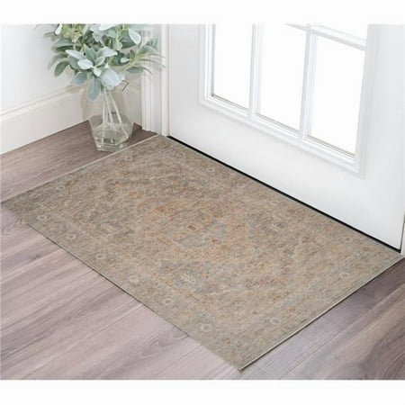 HomeRoots 571141 2 x 3 ft. Blue & Sand Floral Medallion Rectangle Area Rug with Fringe