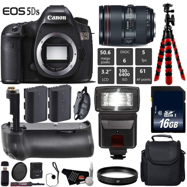 Canon EOS 5DS DSLR Camera with 24-105mm f/4L II Lens + Professional Battery Grip + UV Filter + Flash + Extra Battery + Case + Wrist Strap + Tripod + Card Reader - Intl Model Canon 0581C002 Flash Kit 16GB