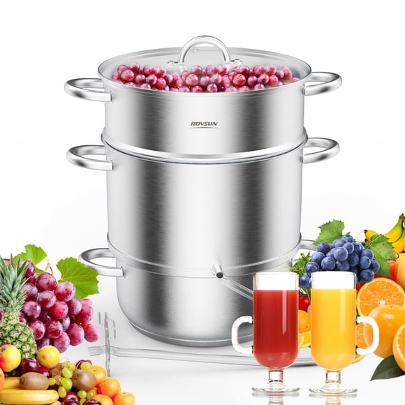ROVSUN 8.5 Quart Juice Steamer Stainless Steel, Extractor Fruit Vegetables Juicer Steamer Pot, w/Tempered Glass Lid Clamp, Loop Handles, Ideal for Ma