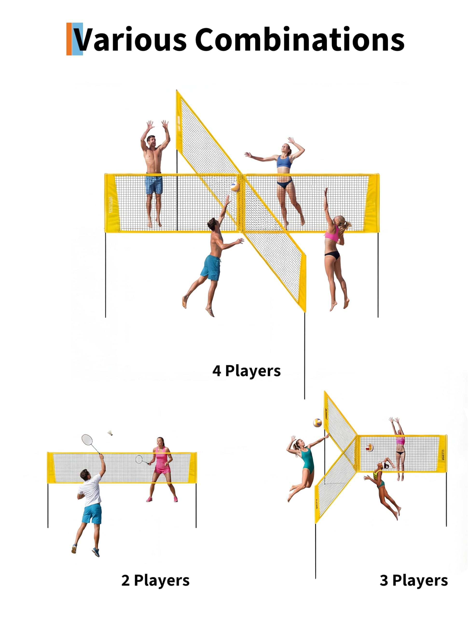 Garvee Portable 4 Square Volleyball Game Set - 14 FT 4-Way Adjustable Height Net for Backyard, Beach, Lawn - Durable Frame, Full Accessories, Family Use - Volleyball Equipment - Yellow