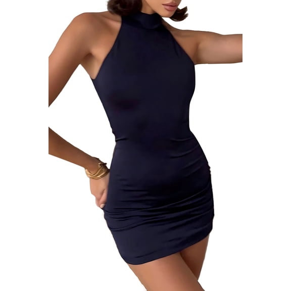 Women'S Summer Casual Mock Neck Dresses Sleeveless Knit Bodycon Cocktail Party Mini Dress Navy Blue S