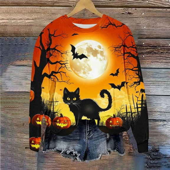 VKOYWKM Halloween Sweatshirts Women Black Cat Graphic Sweatshirts Oversized Long Sleeve Crew Neck Pullover Tops Halloween Party Sweatshirt