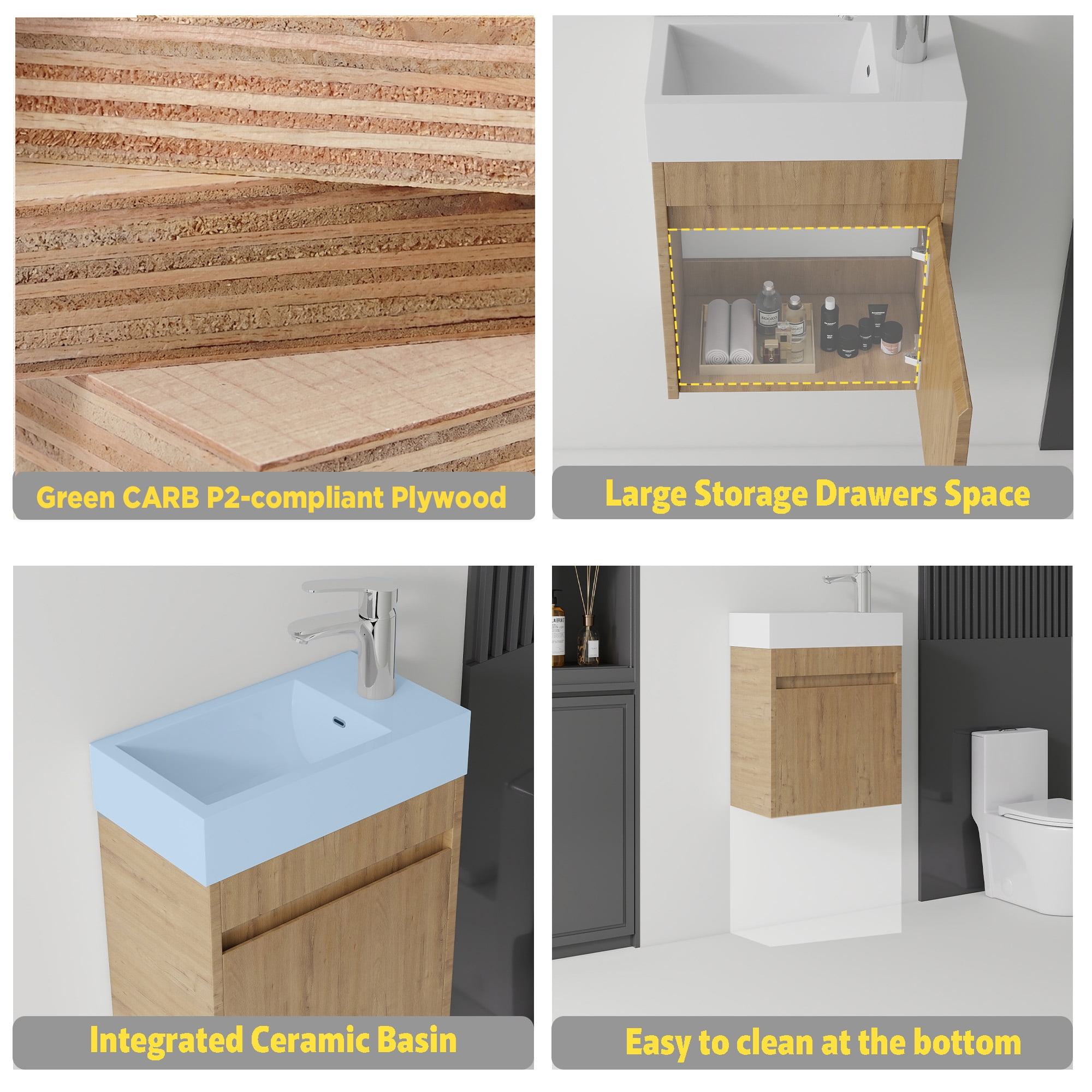 Leumius 18" Floating Bathroom Vanity with Ceramic Sink,Modern Wall Mounted Basin Cabinet with Soft-Close Doors for Small Bathrooms,Oak